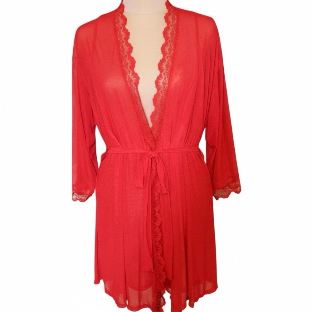 Dreamgirl Red Lace Sheer Robe & Chemise Set Women L Lingerie Babydoll Nightgown